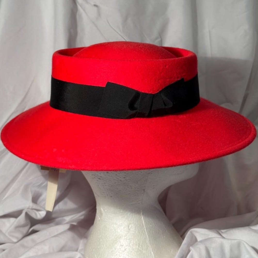 Vintage Halston Heritage Red Wide-Brim Fedora with Black Band - Picture 2 of 7